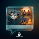 A glass speech bubble holding three different social scenes at once