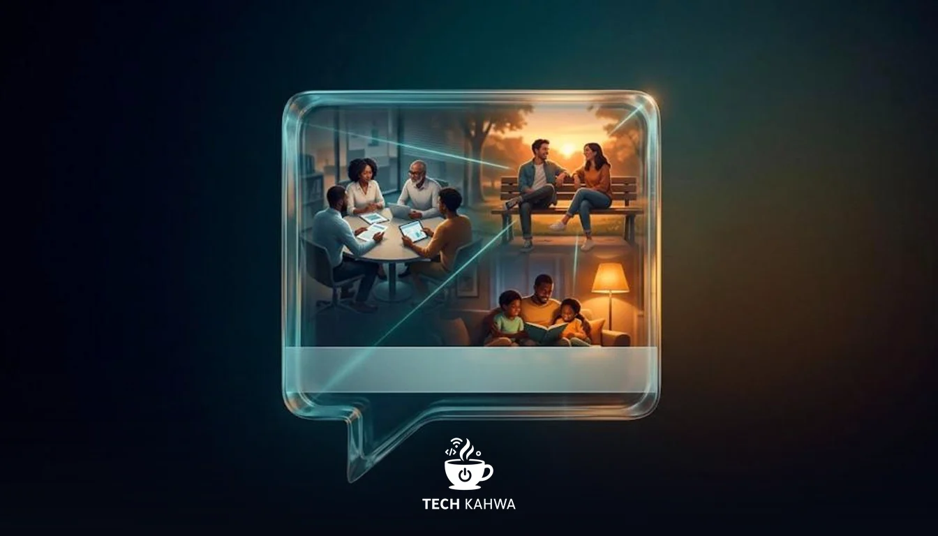 A glass speech bubble holding three different social scenes at once