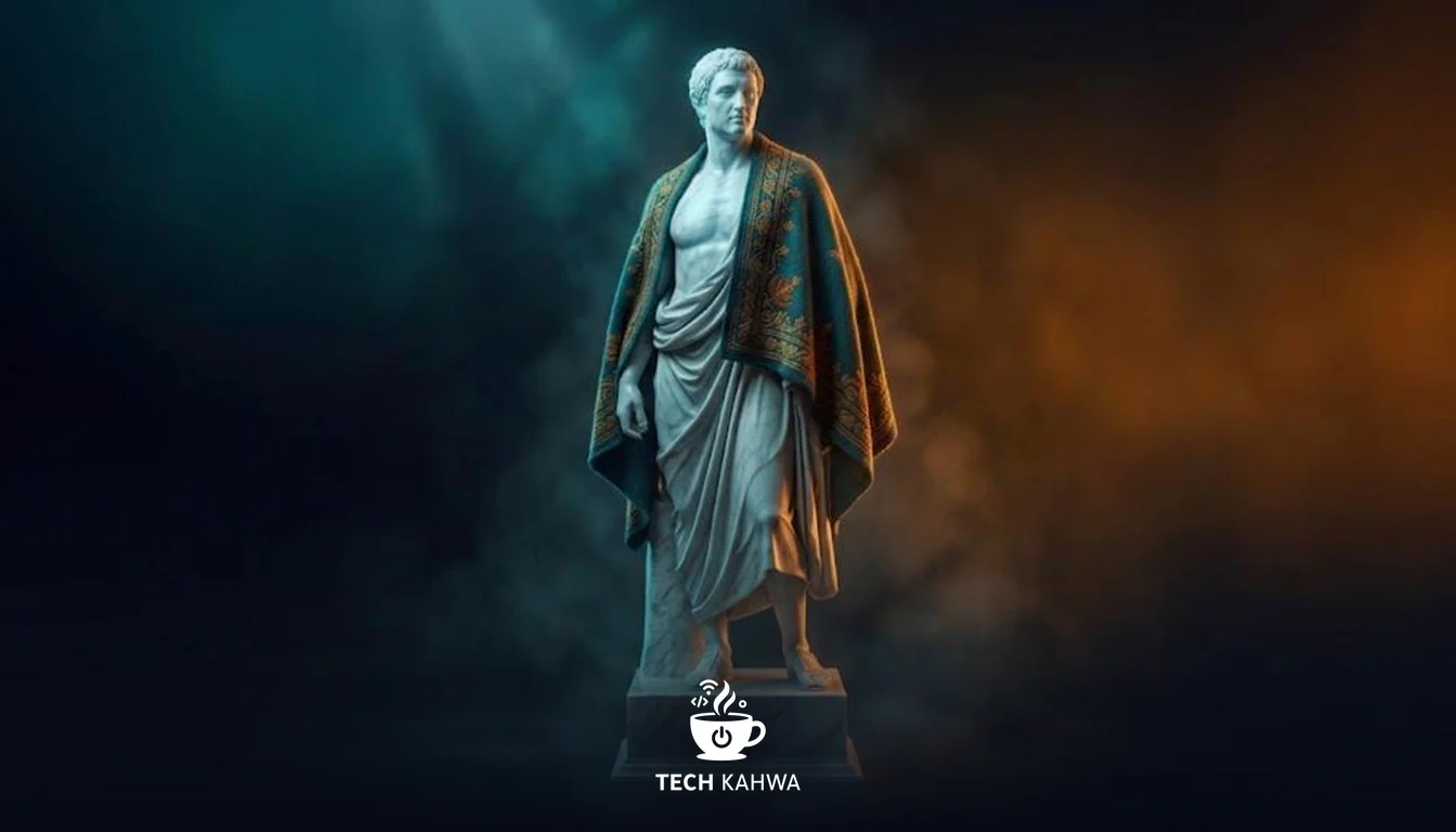 A marble statue wearing an embroidered cloak draped over its shoulders