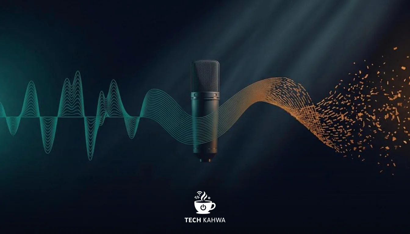A studio microphone whose sound wave breaks apart into scattered particles