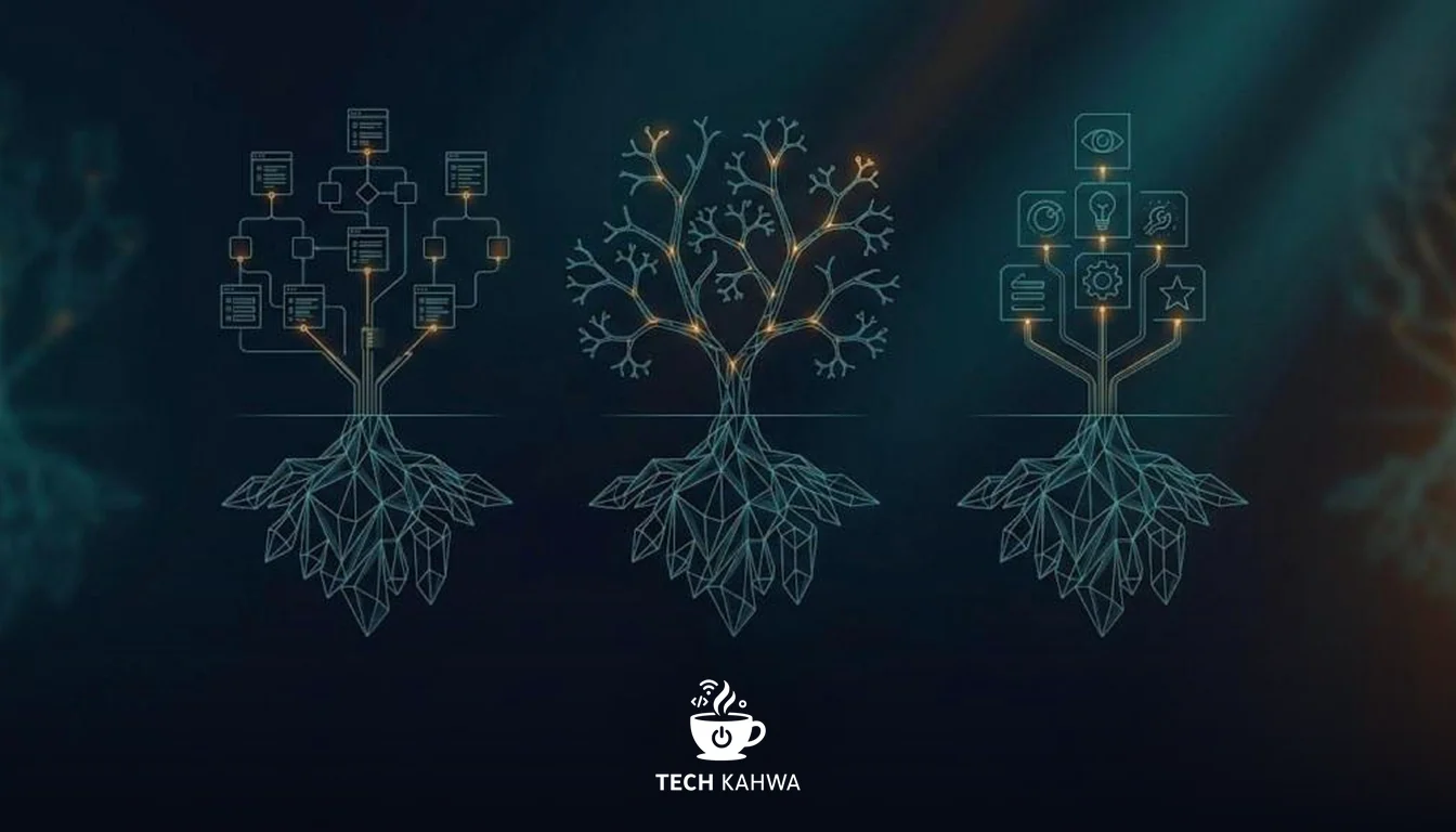Three identical roots growing three completely different branching structures