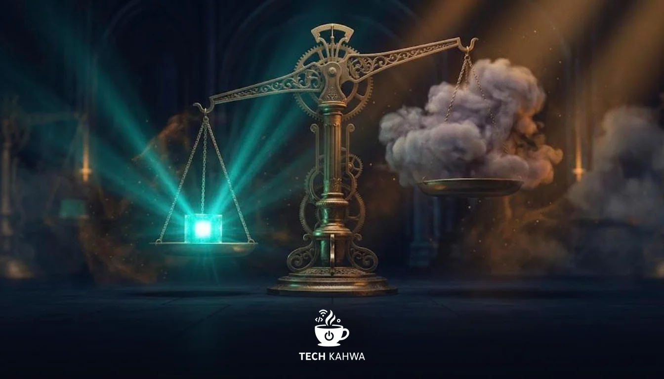 A brass scale where a small glowing cube outweighs a large cloud of vapour