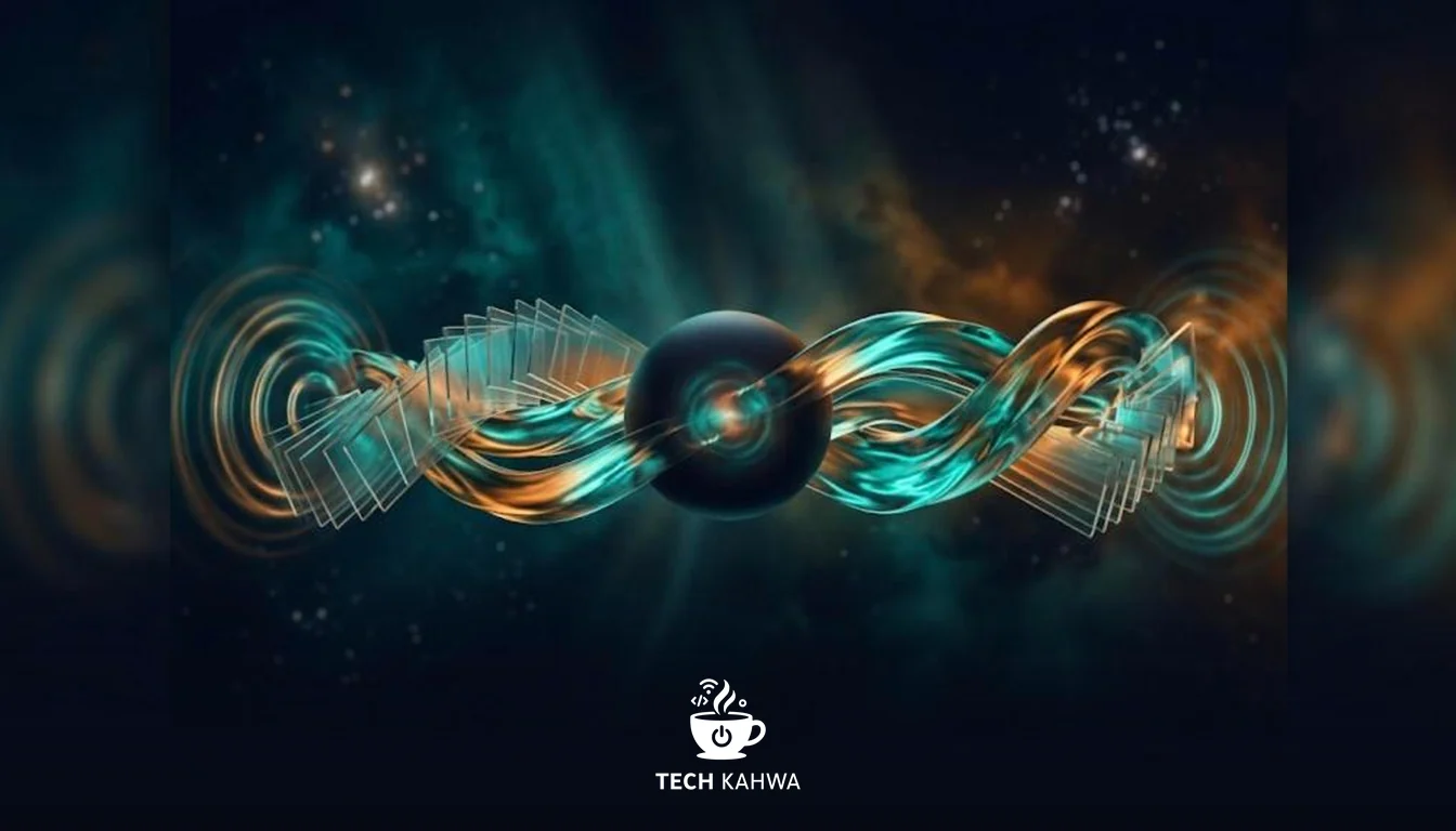 A dark sphere emitting three braided streams of light, panels and sound rings