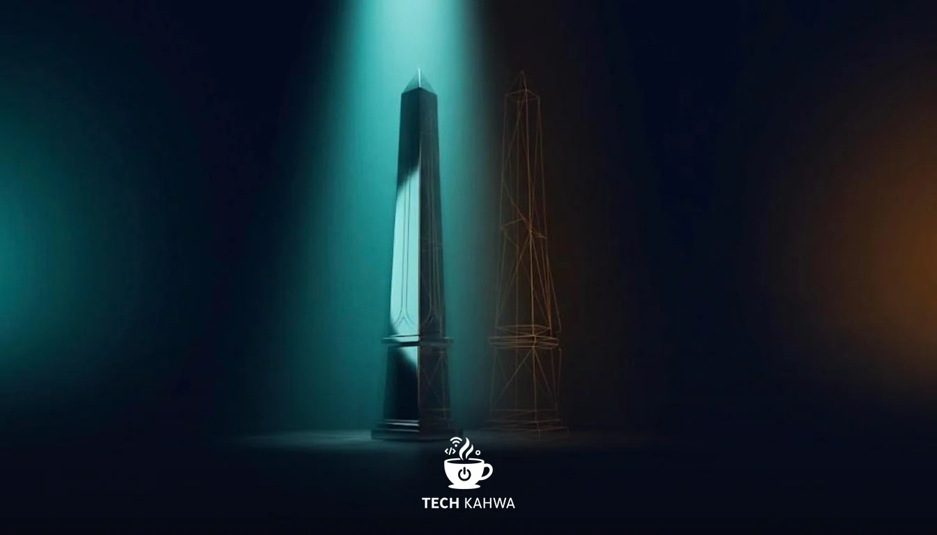 A polished monument beside the same monument drawn as a faint wireframe