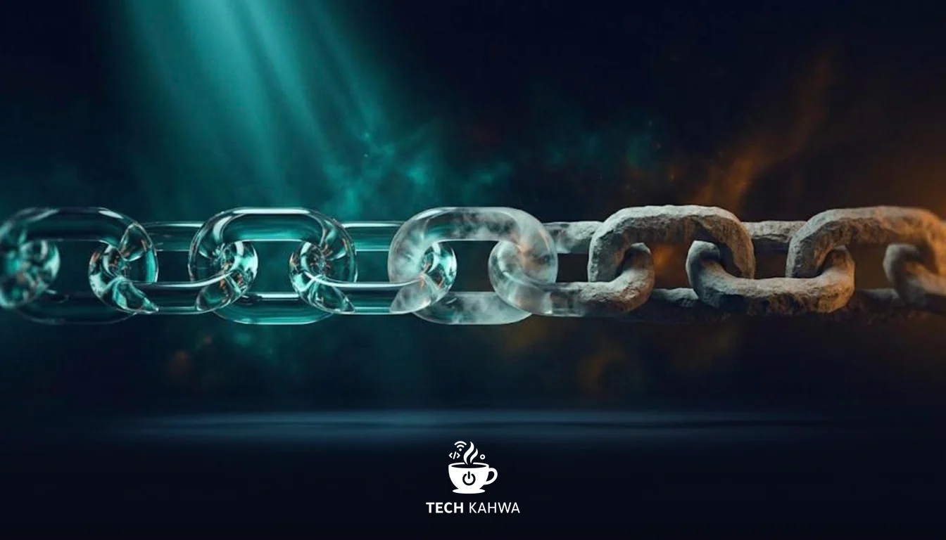 A chain of six links turning from clear glass into rough stone