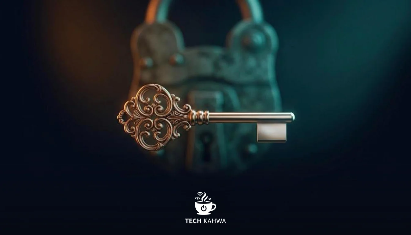 An ornate key with completely smooth uncut teeth in front of an old lock