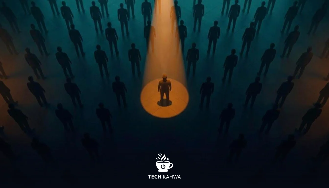 A crowd of identical silhouettes with one singled out by a harsh spotlight