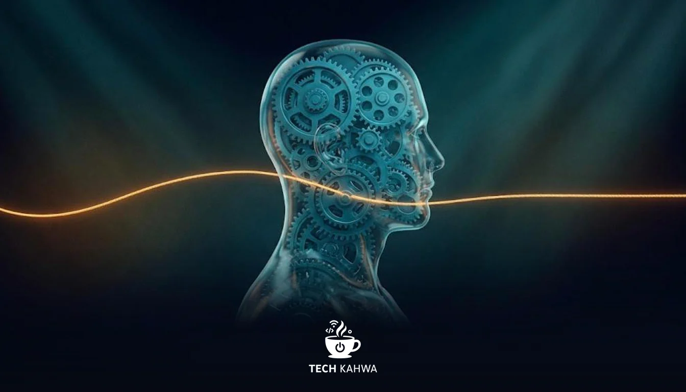 A transparent head full of gears crossed by a single unchanged thread of light