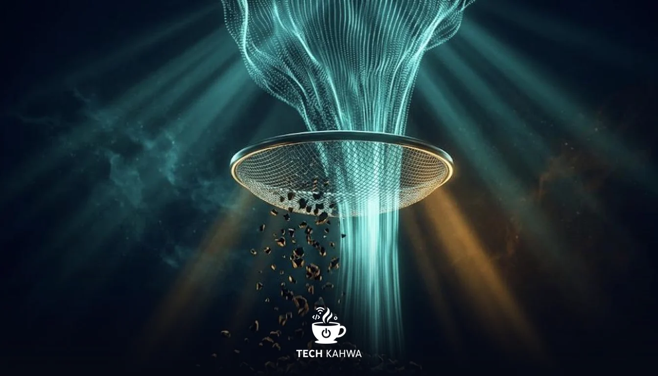 A soundwave passing through a sieve, a quarter of it falling away as dark fragments